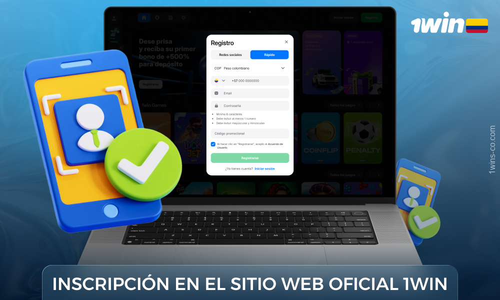 Para registrarse en 1Win, los jugadores colombianos deben introducir sus datos personales y aceptar los términos y condiciones del sitio web